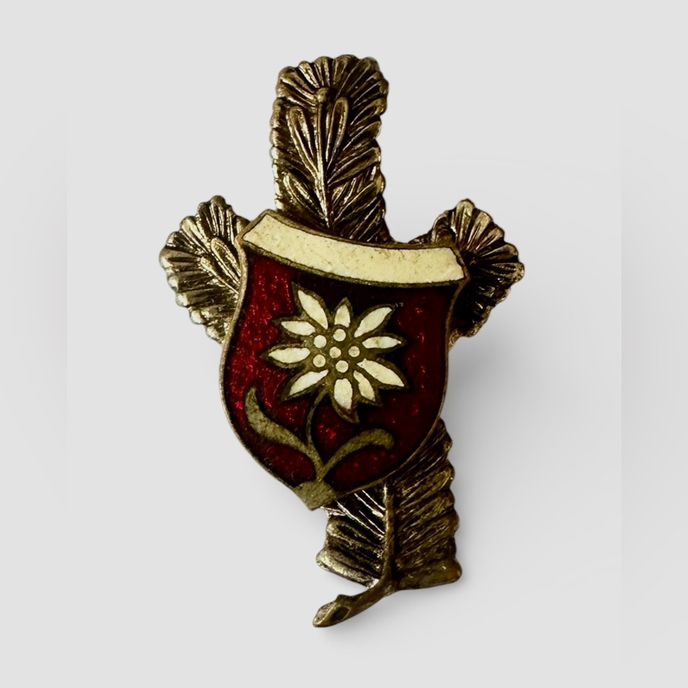 Vintage Edelweiss Shield Pin in Red and Gold, Made in Austria